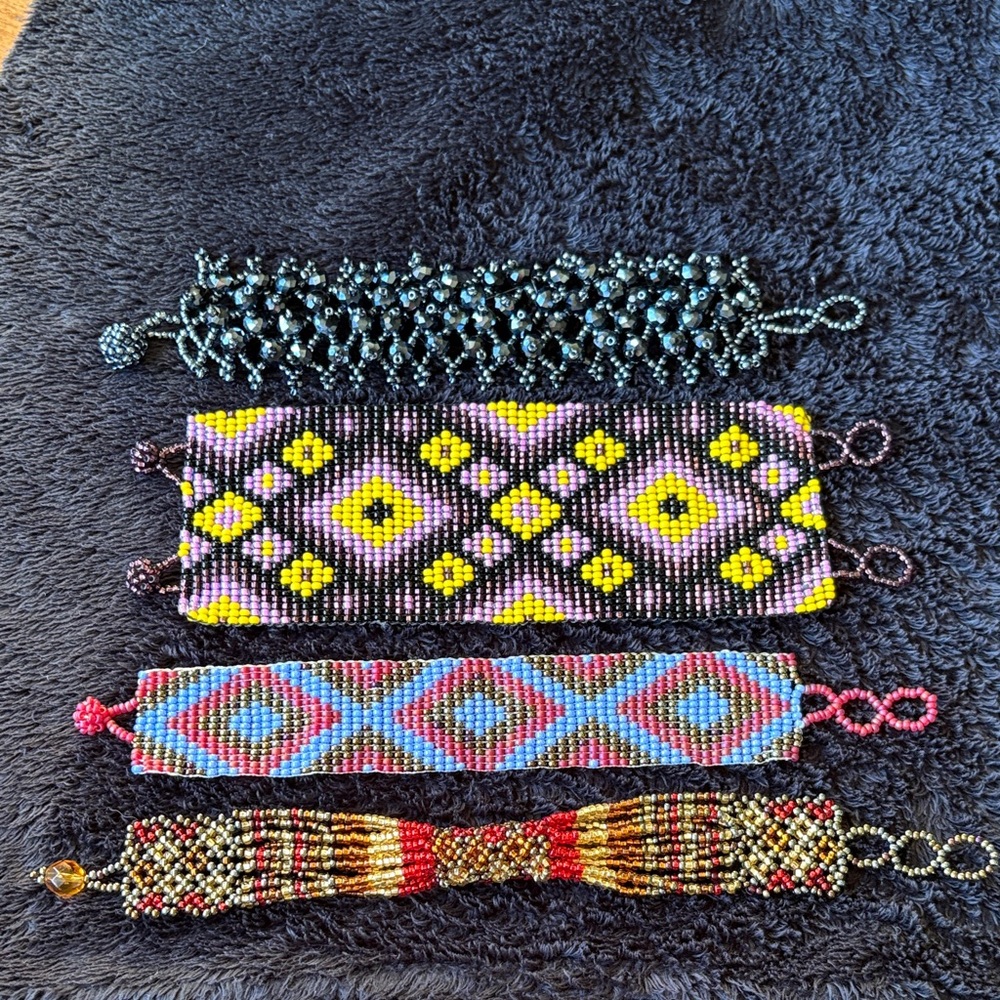 4Handmade Multicolor Beaded Bracelets. Red, Purple, Gold, Yellow, Blue and Black